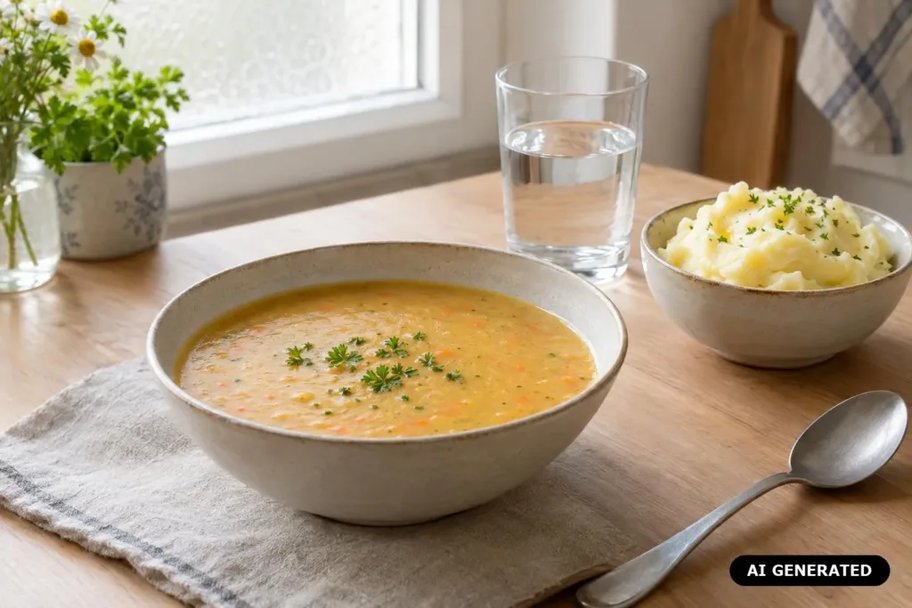 KI-generiertes Bild: Suppe und weiches Essen schonen die entzündete Mundschleimhaut