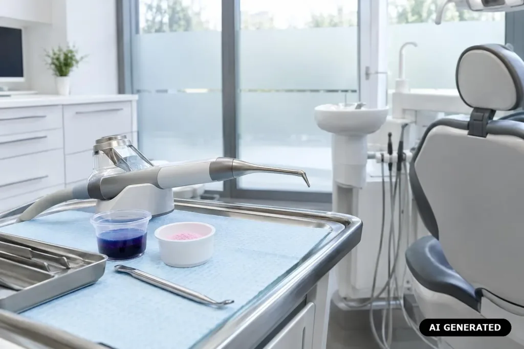 KI-generiertes Bild: Professionelle Zahnreinigung mit Airflow-Technologie im Rahmen der Guided Biofilm Therapy